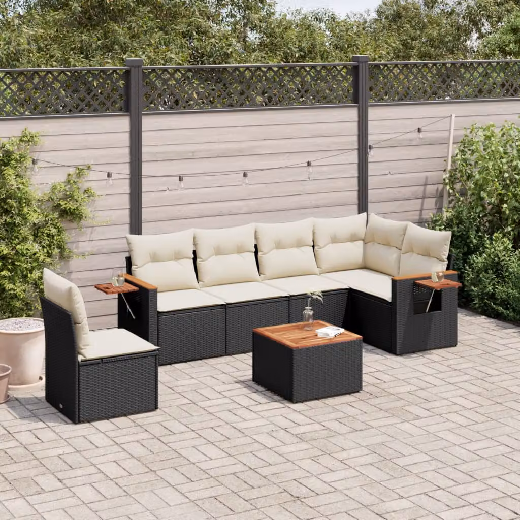 Set Divani da Giardino a L vidaXL in Polyrattan Nero con 7 Cuscini e Tavolino da Esterno – 1