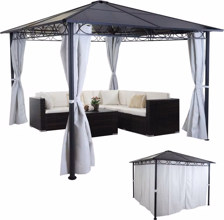 Pergola rigida HWC-C77, padiglione da giardino, tetto in plastica parete laterale alluminio grigio chiaro 3x3m