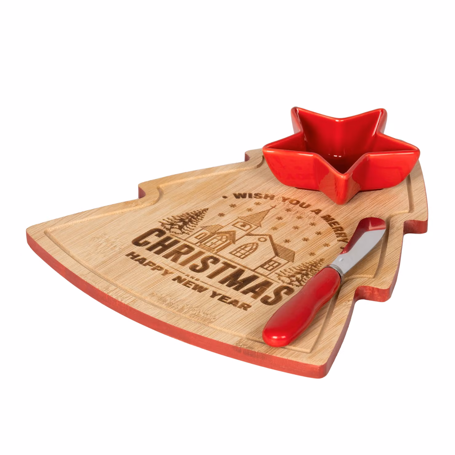 Vassoio Degustazioni Natalizio Gusto Casa a Forma di Albero in Bamboo con Coppetta in Ceramica Rossa e Spatola in Acciaio Inox L/P: 26 x 22 cm – 1