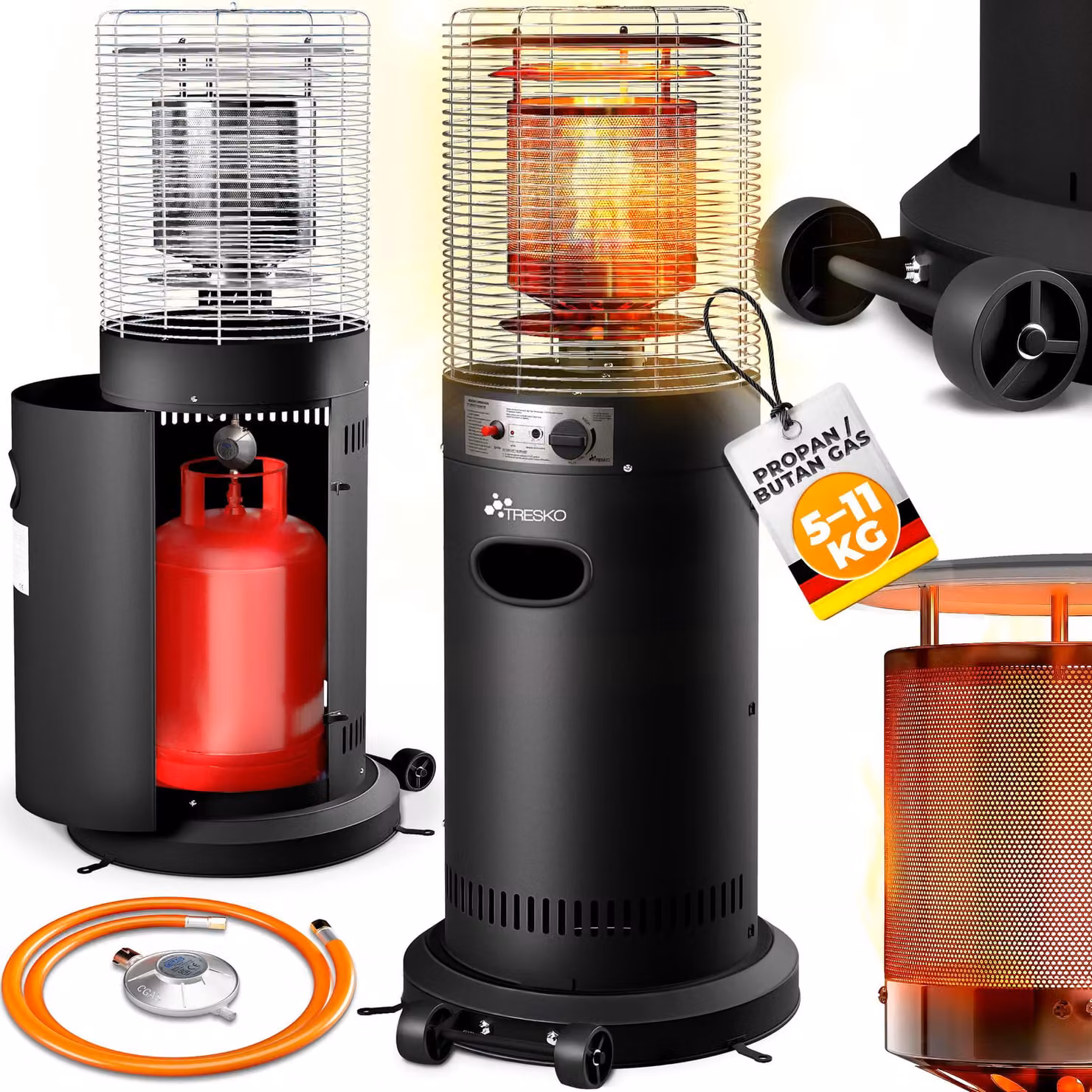 TRESKO® Riscaldatore radiante a gas 11 kW con rotelle | Riscaldatore da esterno per bombole di gas da 5 e 11 kg | Riscaldatore radiante a gas per patio, balcone e giardino | Riscaldatore a gas con tubo e regolatore