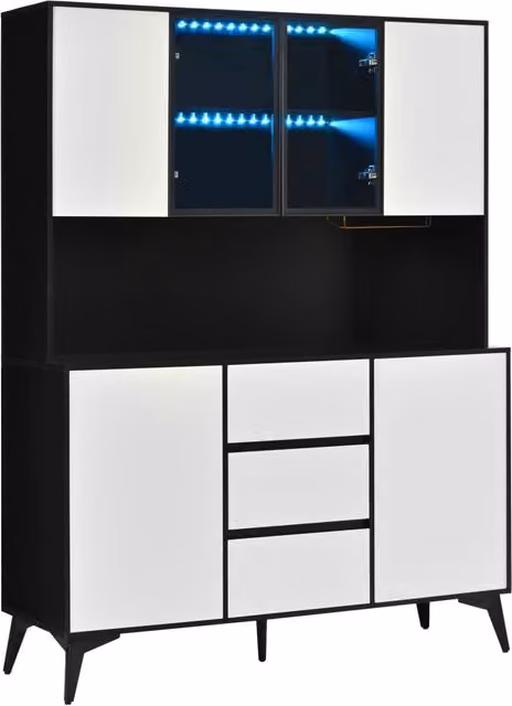 Mobiletto alto con vetrina in MDF bianco e nero, LED regolabili via app, 3 cassetti, porta bicchieri dorata, 120x40x160 cm