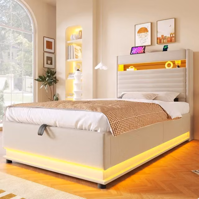 Letto singolo imbottito 90×200 cm con vano idraulico, LED regolabili, USB e Type-C, senza materasso, in lino beige