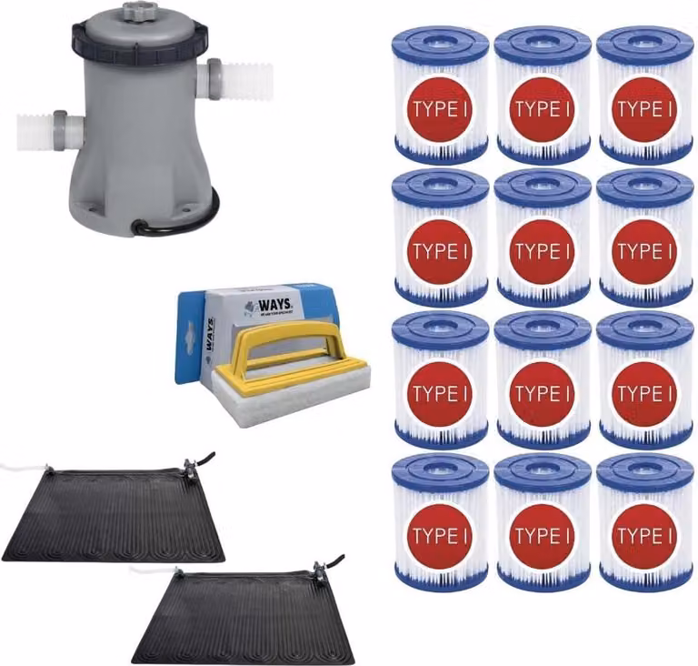 WAYS - Cura della piscina - 2x Solarmat & pompa filtro 1249 L/h & 12 filtri di tipo I & spazzola WAYS per il lavaggio
