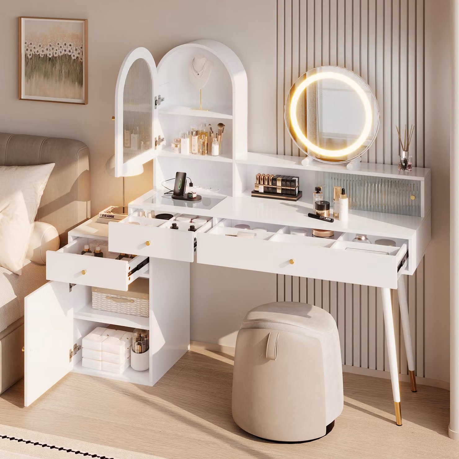 Comò da trucco okwish con porta USB e Type-C, piano in vetro, tavolino da trucco con specchio a LED, ideale per la camera da letto, colore bianco