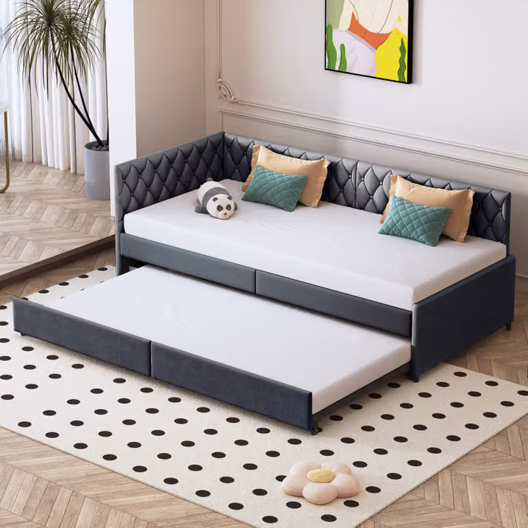 Letto estraibile 90 x 200 cm - Divano letto con rete a doghe - Motivo a bottoni - Velluto grigio
