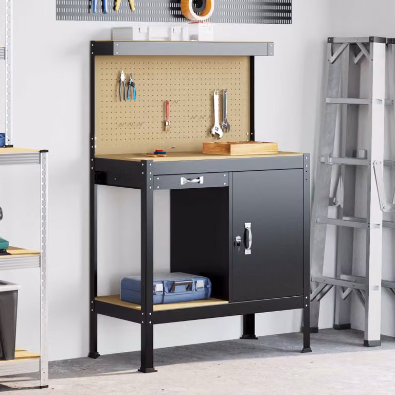 vidaXL Banco da lavoro con cassetto e pannello forato Nero L/P/H: 90 x 49 x 141 cm