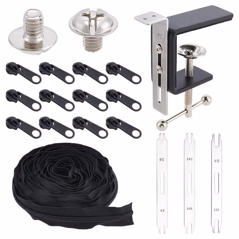 Strumento per l'installazione di cerniere - Utensile per cucire cerniere - Accessori di ricambio per riparazioni - 24 cerniere in plastica - Cerniera chiusa in nylon - Include una lamina di ferro e una vite - Kit per l'installazione di cerniere