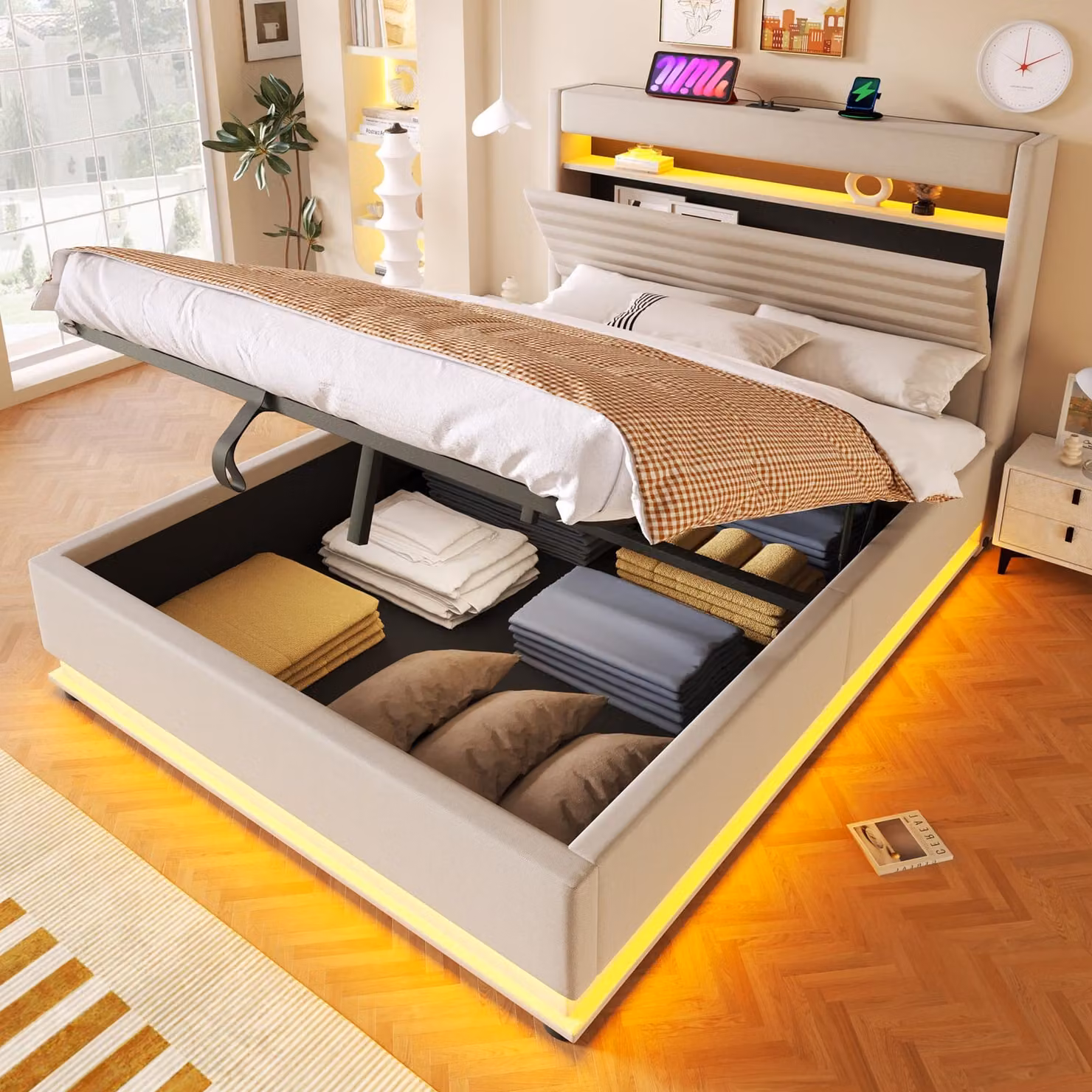 Letto imbottito idraulico MODFU 140 x 200 con materasso, letto per ragazzi con illuminazione a LED e porte Type-C e USB, letto funzionale con contenitore e ampia capacità di stivaggio, beige