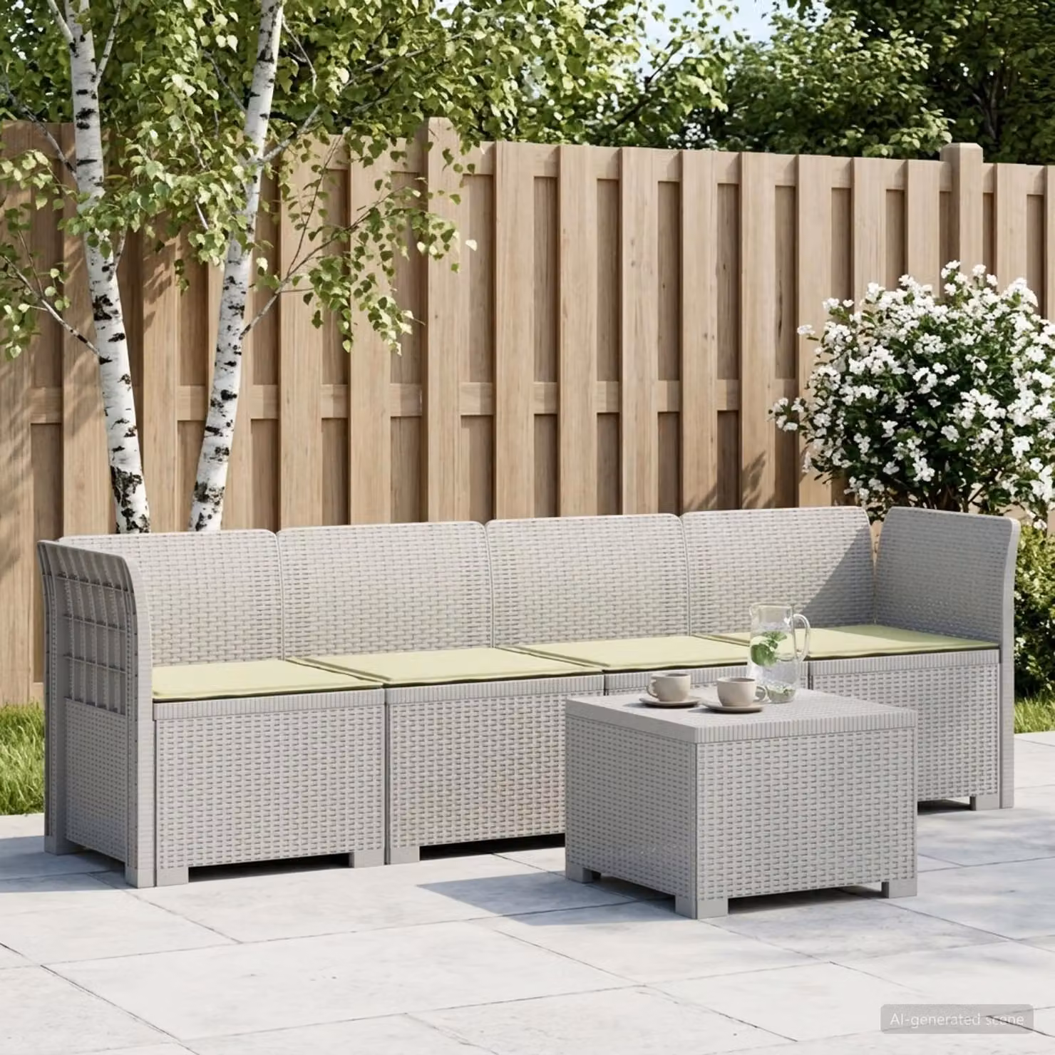 Set da giardino moderno vidaXL a forma di L con divano angolare a 4 posti, tavolino da caffè e cuscini imbottiti in stile rattan, colori bianco e grigio