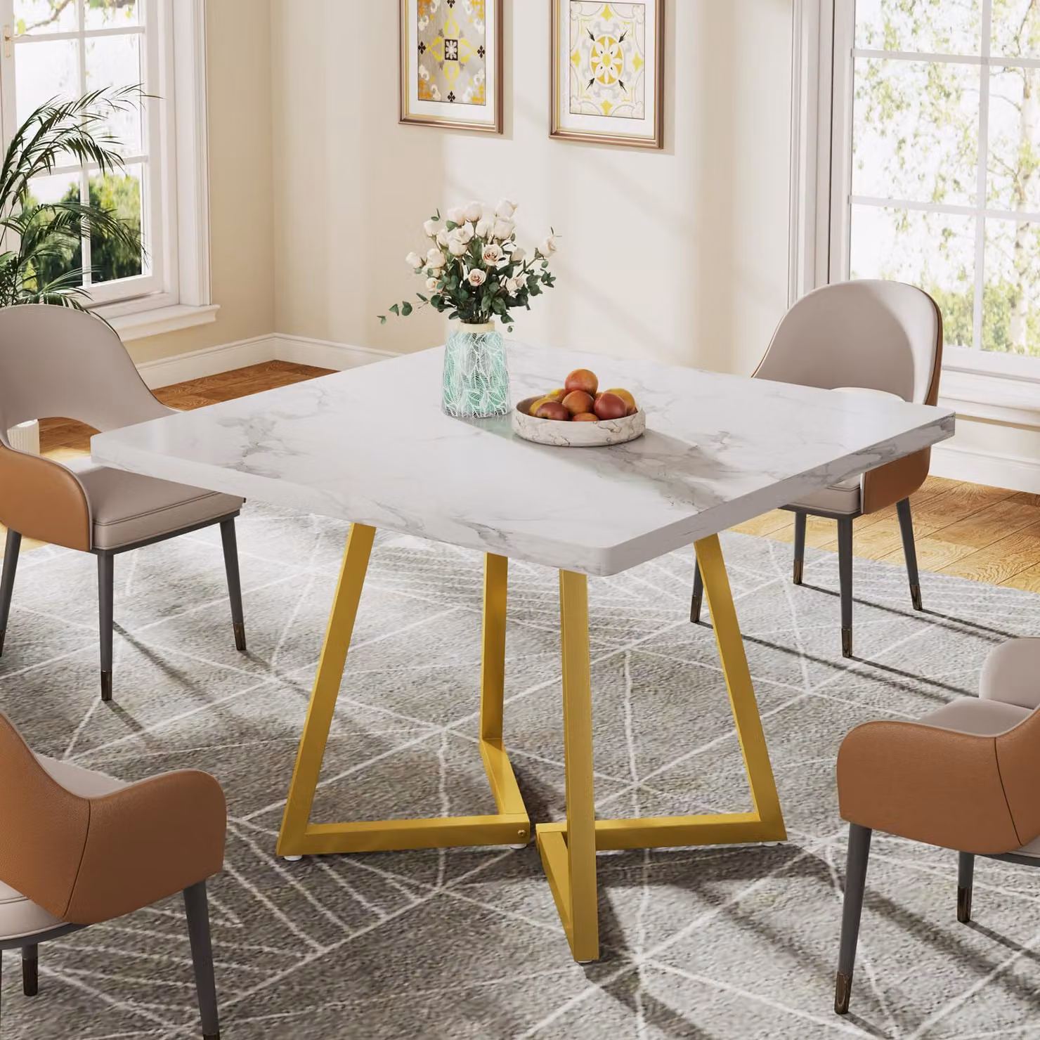 Tavolo da pranzo Tribesigns, piccolo tavolo da pranzo, tavolo da cucina, tavolo da sala da pranzo, 80 x 80 cm, per 4 persone, base in metallo in stile industriale, in oro e bianco