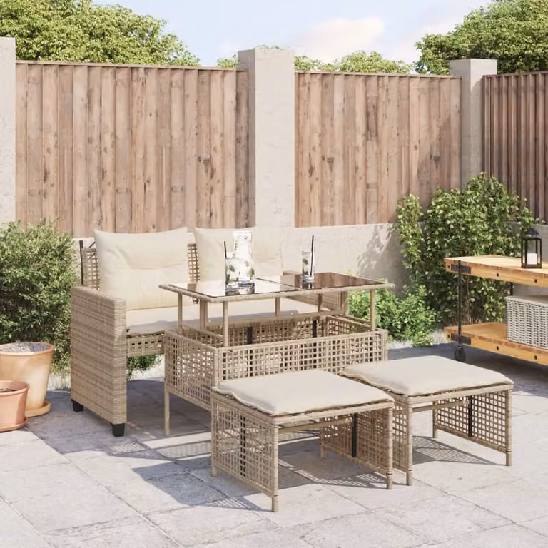 Set Divano da Giardino L-Shape vidaXL in Polyrattan Beige con Cuscini e Tavolino in Vetro