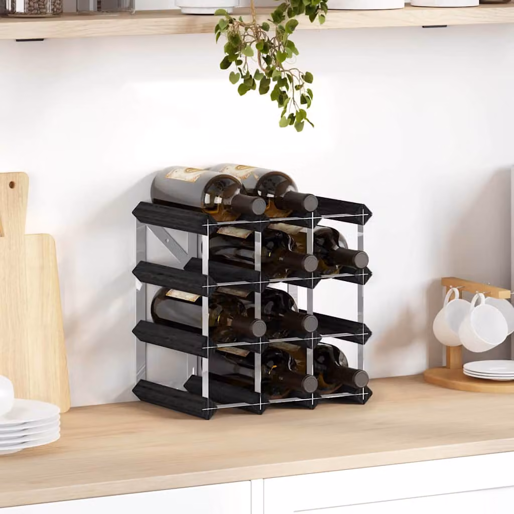 vidaXL Portavini da 12 Bottiglie Nero in Legno di Pino e Metallo con Design Rustico da Appendere al Muro