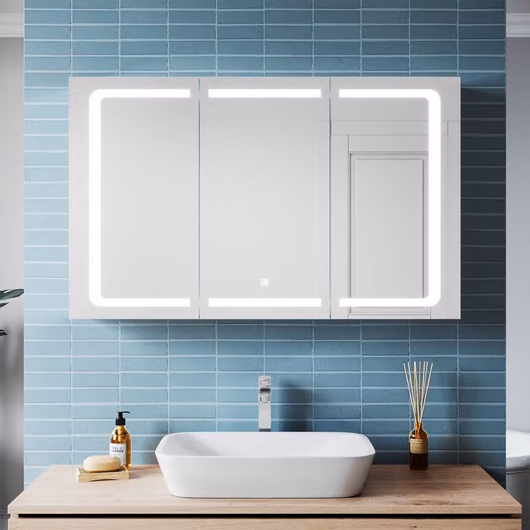 SONNI Armadio a specchio per bagno a 3 ante 105x65cm con illuminazione a 3 colori LED con presa per rasoio touch in acciaio inox design a cerniera senza fili
