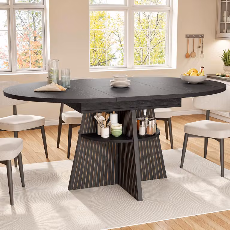 Flieks Tavolo da pranzo allungabile con vano portaoggetti aperto, tavolo da pranzo con piano rinforzato, tavolo da cucina 110-150 x 110 x 76 cm, nero