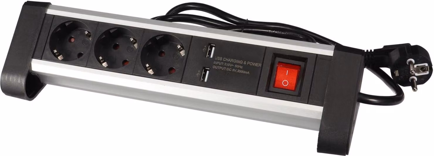 Presa di corrente da tavolo con 3 prese e 2 porte di ricarica USB - 2,4 A - Schuko