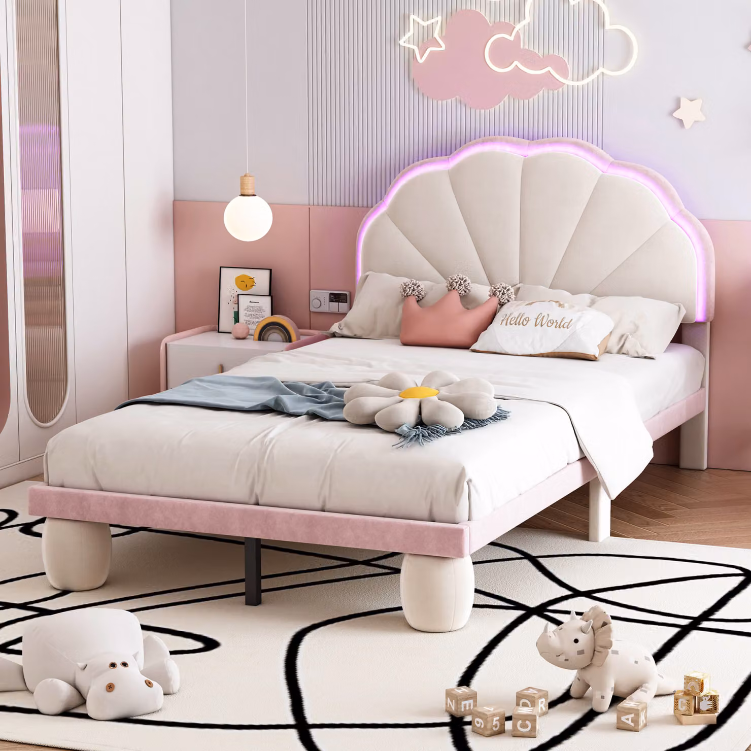 Letto imbottito Fortuna Lai 90x200cm con testata smerlata e LED, gambe tonde imbottite e rete a doghe, letto per ragazzi letto per bambini letto singolo in velluto, beige/rosa
