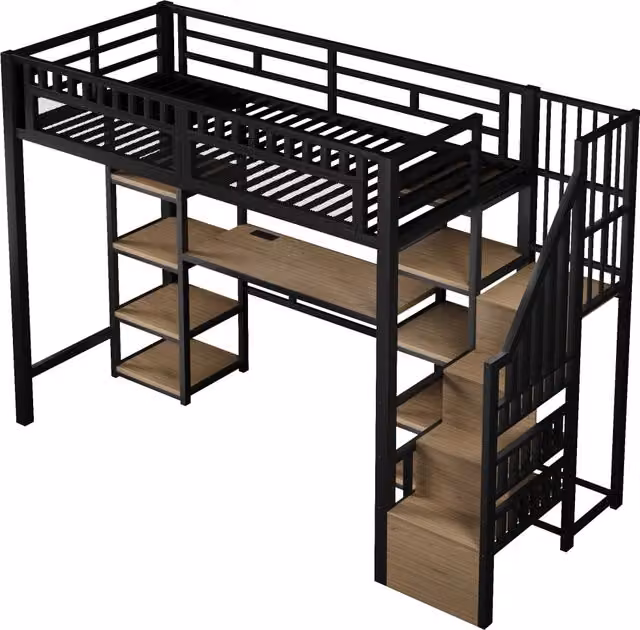 Letto a soppalco 90x200 cm con struttura in ferro, scrivania, scale con contenitori e luci LED, nero