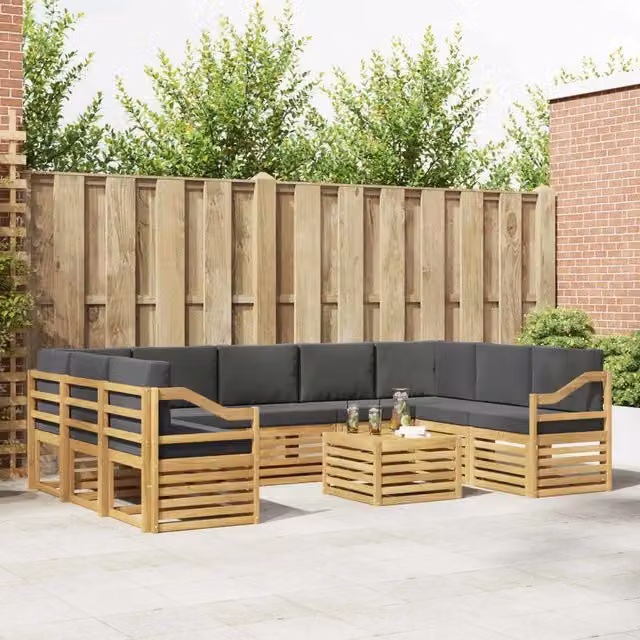 Set di divani da esterno a forma di U vidaXL in legno di acacia con cuscini bianchi e antracite