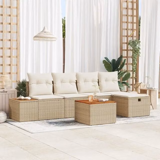Set da giardino moderno vidaXL in rattan beige composto da 6 pezzi con divano angolare, tavolino da caffè, pouf e cuscini inclusi