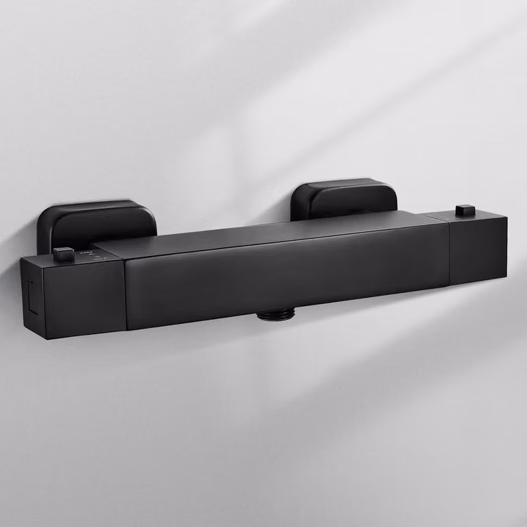 Termostato per doccia nero, a forma quadrata, con pulsante di sicurezza a 38°C, in ottone, attacco 1/2" BSP, 1 funzione