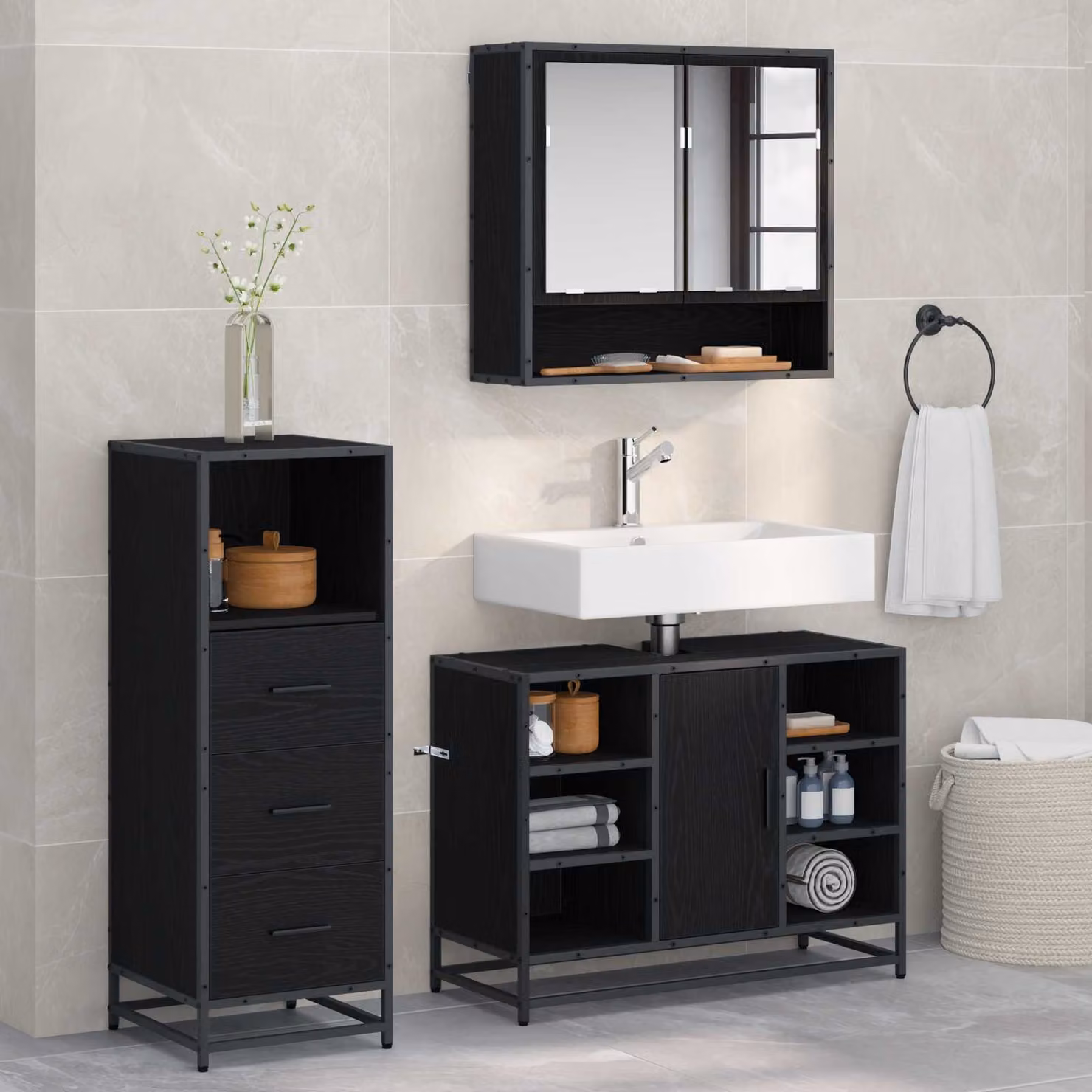 Set di mobili per il bagno vidaXL 3 pezzi in rovere e nero con armadietto specchiato, mobile lavabo e mobile laterale – 1