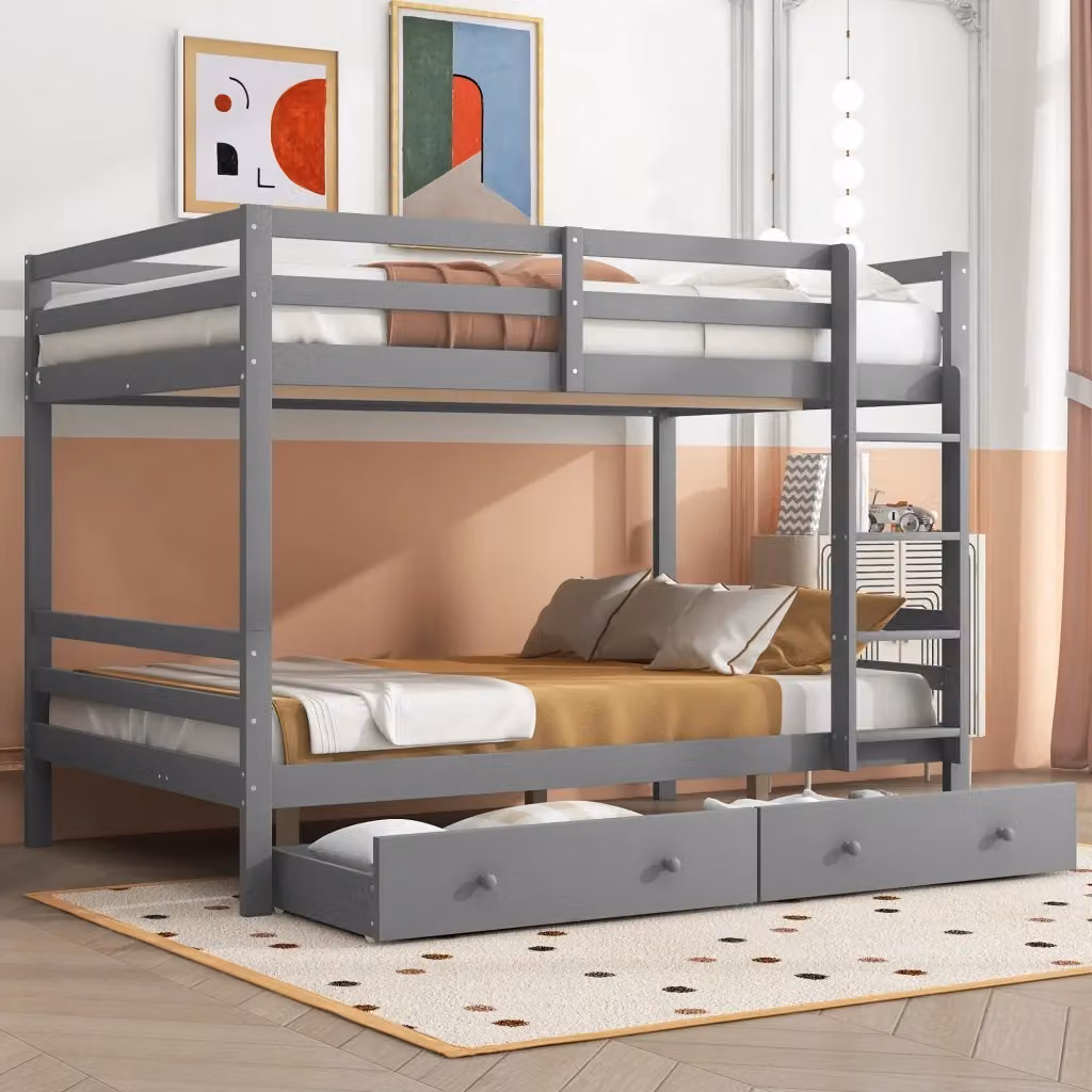 Letto a castello OKWISH per bambini in pino e MDF grigio con cassetti, vano contenitore e scala, L/P/H: 200 x 140 x 145 cm – 2