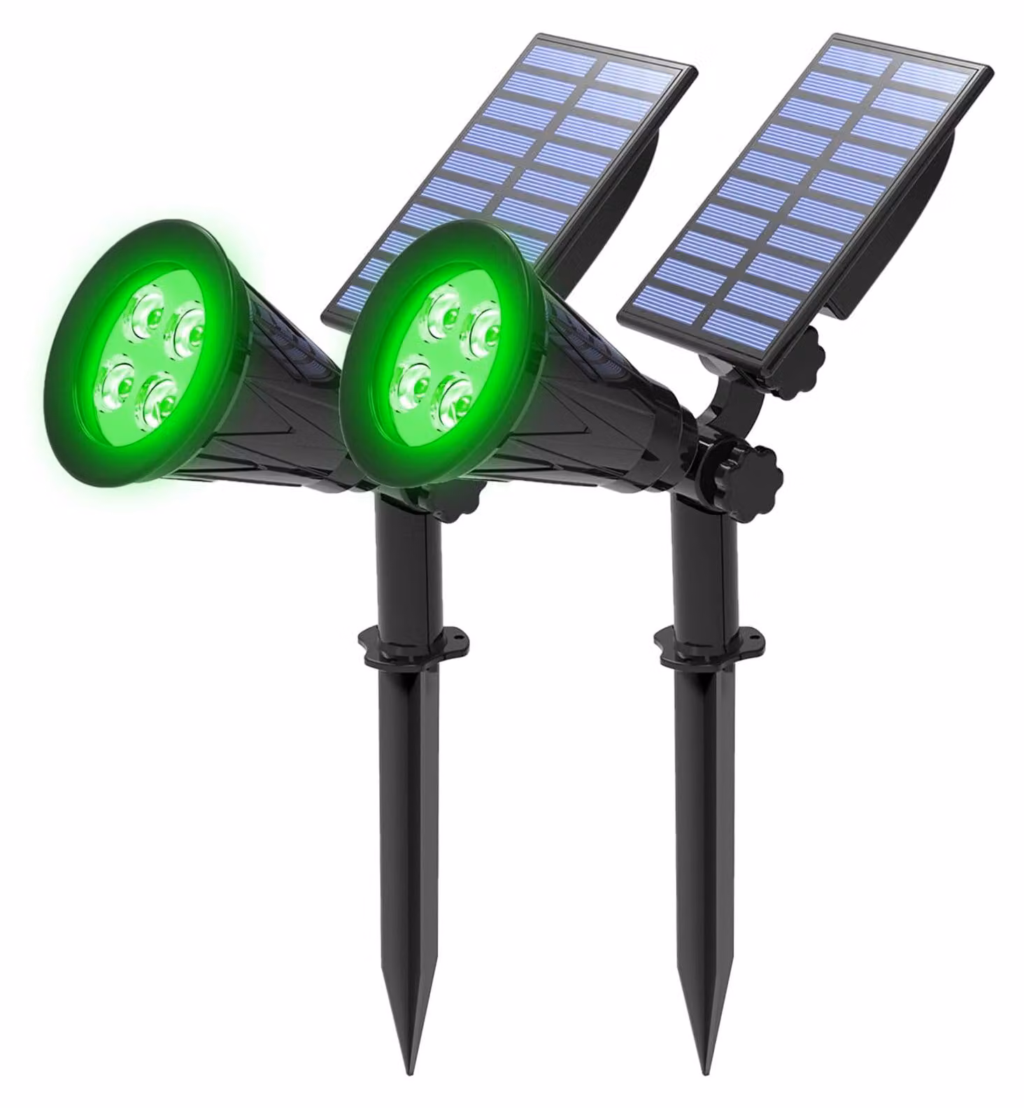 T-SUNUS, faretto solare da giardino, 4 luci solari a LED per esterni, faretto solare per giardini e cortili con 2 modalità di luminosità, grado di protezione IP65 (resistente all'acqua), ideale per giardini, cortili e patii (2 pezzi, colore verde)