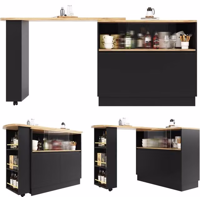 Isola cucina girevole a 360 gradi in MDF nero; 90 x 45 x 100 cm; con ripiani e anta scorrevole in vetro