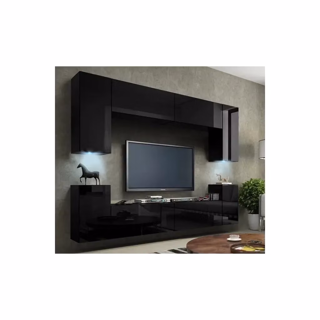 Set di mobili da soggiorno sospesi Meublorama collezione CEPTO nero lucido, L: 240 cm, con 8 porte, 6 scaffali e illuminazione LED integrata – 2