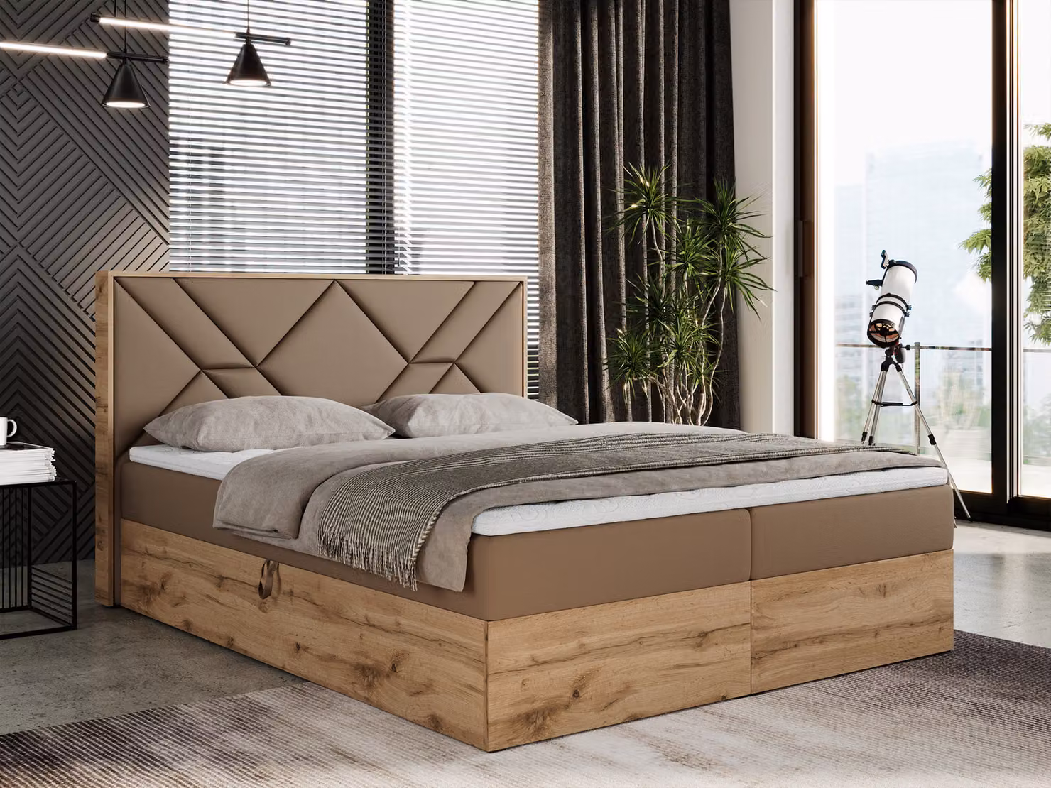 Letto boxspring 180x200 con contenitore, letto imbottito 180x200 con materasso H4, letto boxspring 180x200 con testiera, letto boxspring in legno massello - Gunar - Pelle finta marrone - H4