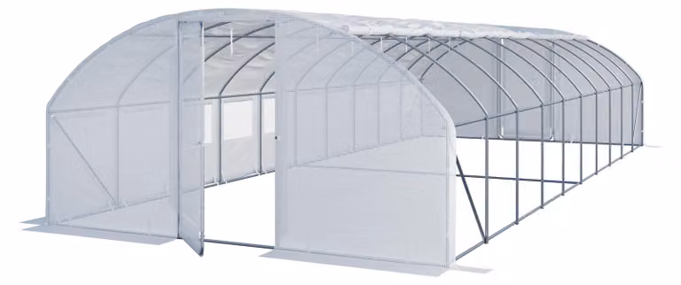 Serra Tunnel TOOLPORT con porta a battente, 4x10m telo in PE 180g/m² bianco trasparente