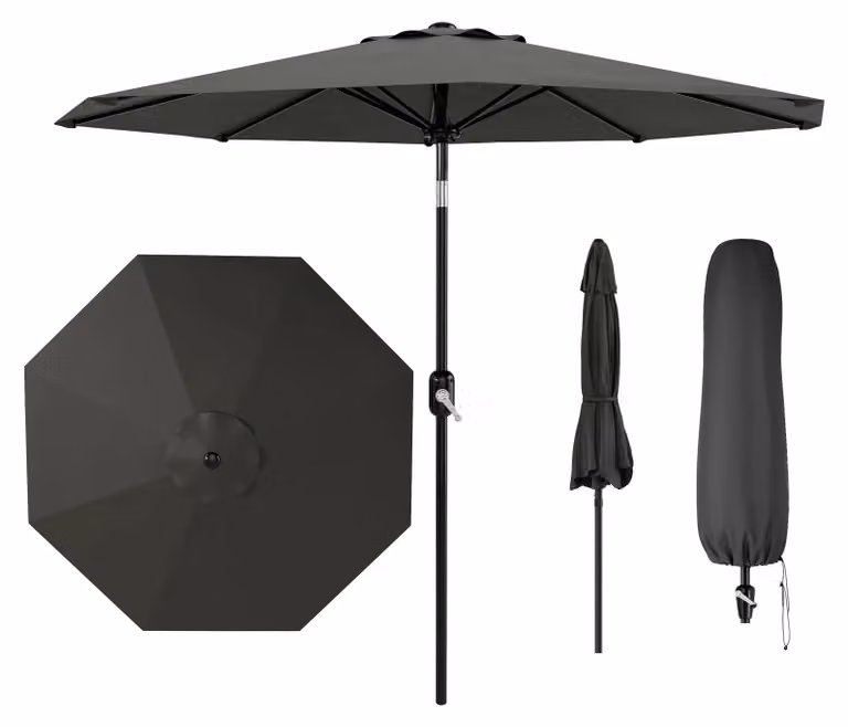 Ombrellone da giardino - 2,7 metri - Con manovella e funzione di inclinazione - 8 robuste stecche - Protezione UV UPF 50+ - Tessuto del parasole in poliestere-cotone traspirante, resistente al vento e all'acqua - Struttura in alluminio - Grigio