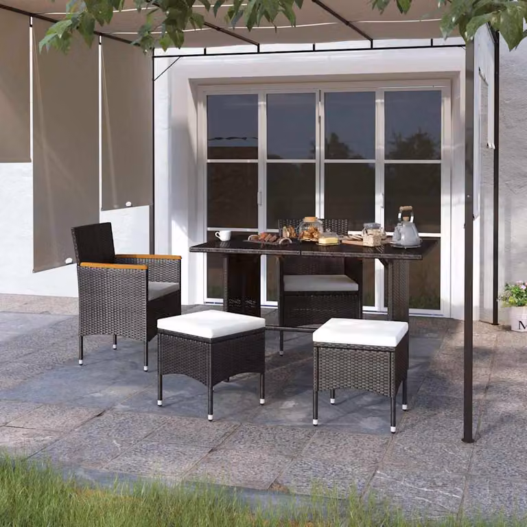 Set di sedie e sgabelli da giardino vidaXL in polyrattan nero con cuscini in tessuto e braccioli