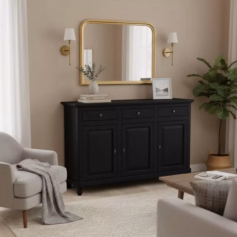 Madia credenza shabby chic in legno con 3 ante Mobili 2G colore nero L: 158 cm, P: 45 cm, H: 98 cm