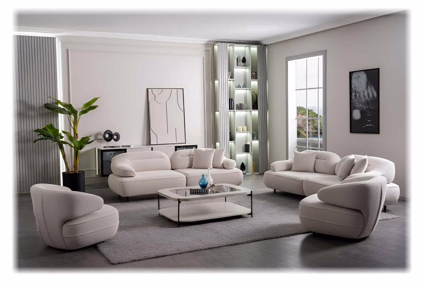 Divano, poltrona, tavolino da salotto, stile moderno, colore beige, morbido, comodo, quadrato