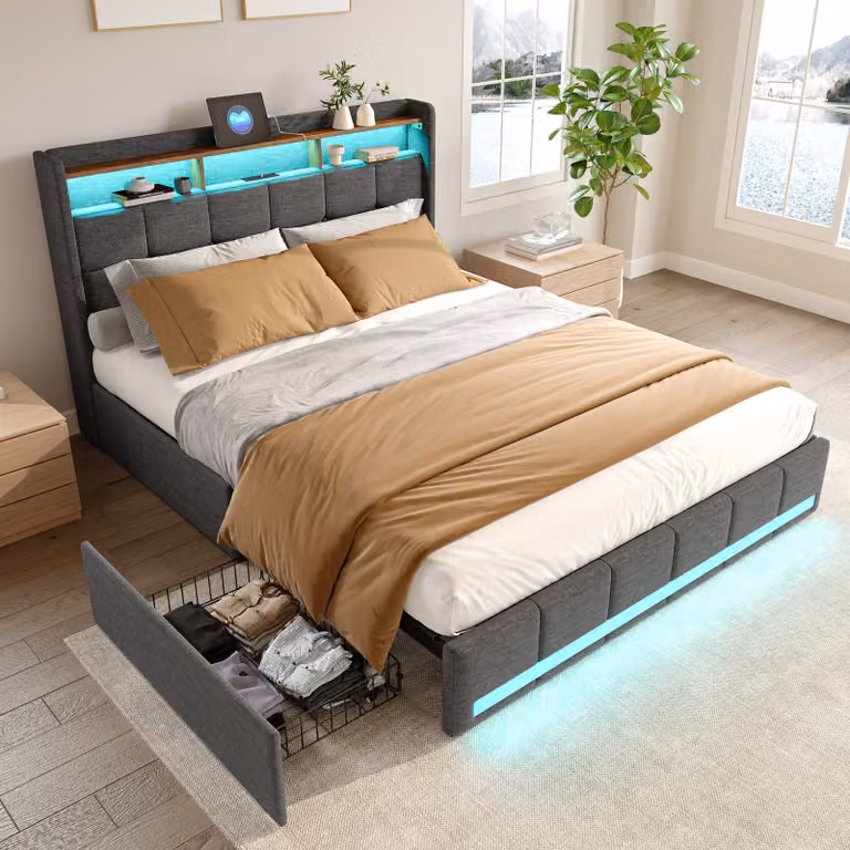 Letto imbottito in lino grigio ProximaX di 160x200 cm, connessione USB, rete a doghe, 4 cassetti, illuminazione a LED, adatto come letto per ragazzi e matrimoniale