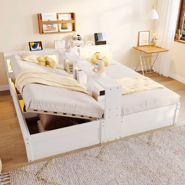 Letto multifunzione 90/180 x 200 cm con LED; prese integrate e vano idraulico; bianco