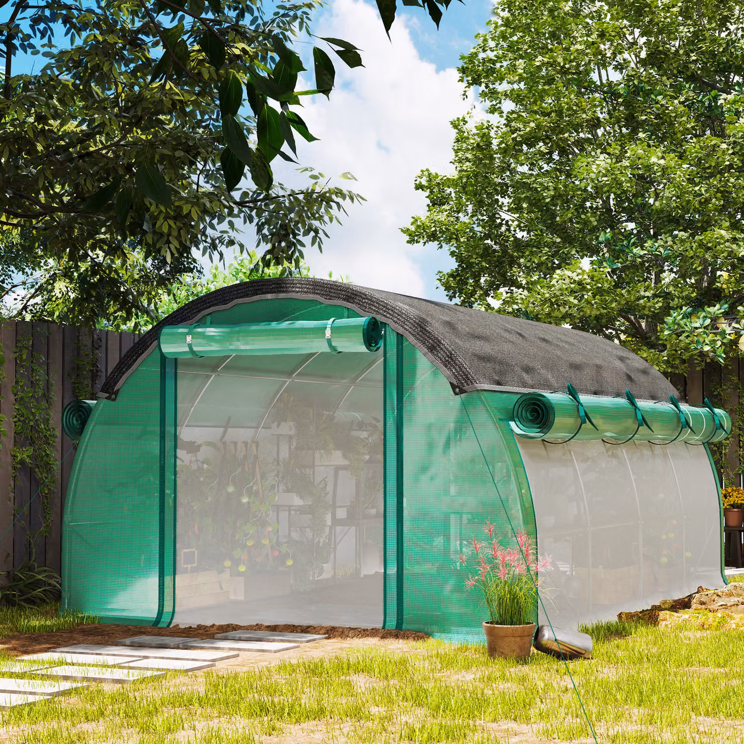 Outsunny Serra a Tunnel Verde con Rete Ombreggiante, Finestre e Ingresso a Zip, in PE e Acciaio, L/P: 4 x 3 m – 2