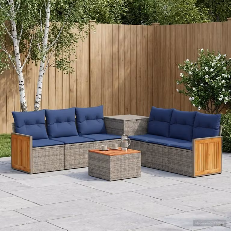 Set di divani da giardino vidaXL in 8 pezzi con polyrattan e acciaio, colore grigio e blu navy, con cuscini inclusi e tavolino da esterno