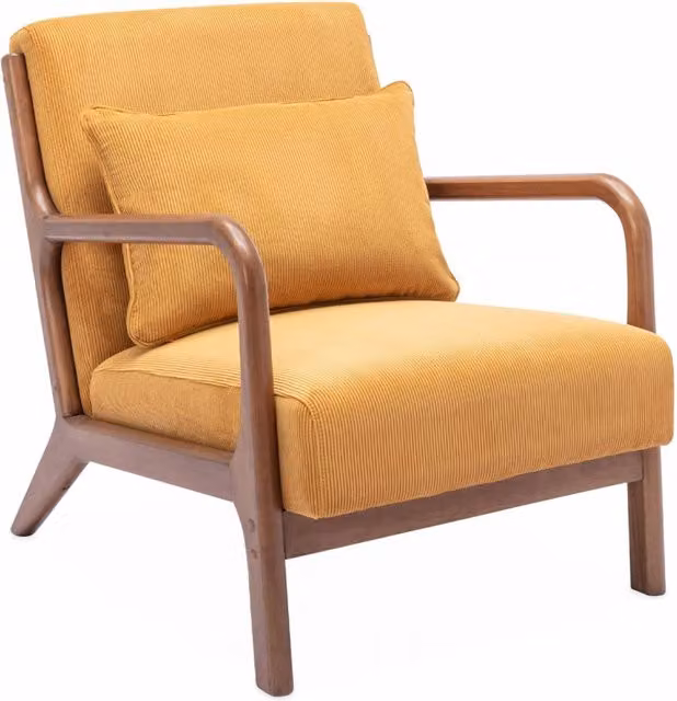 Poltrona scandinava Sweeek in velluto a coste giallo con struttura in legno massello
