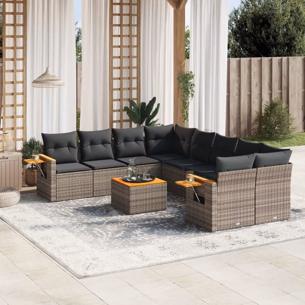 vidaXL Set Divano da Giardino a L 9 pz in Polyrattan Grigio con Cuscini e Tavolino – 1