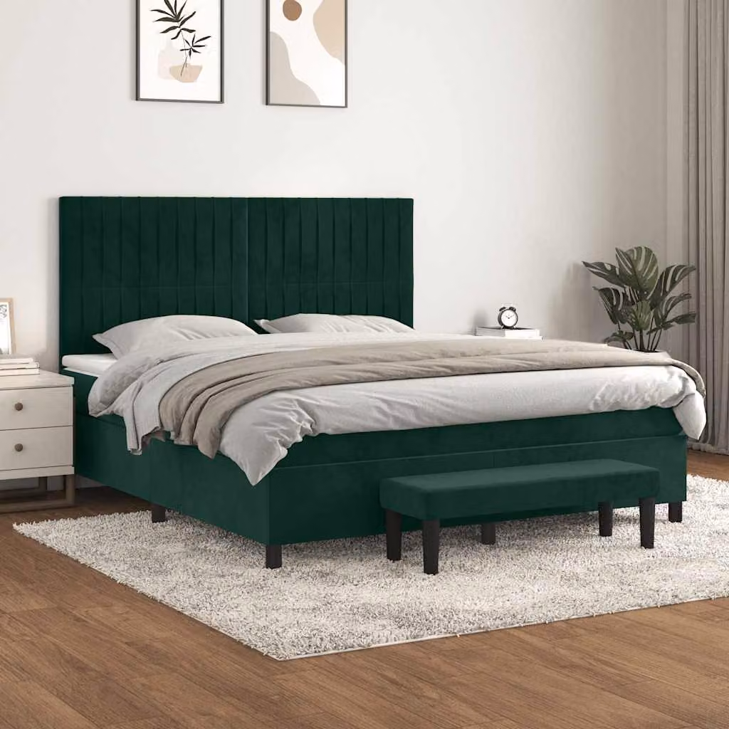 vidaXL Giroletto a Molle Ibrido con Materasso in Velluto Verde Scuro L/P/H: 203 x 180 x 128 cm – 1