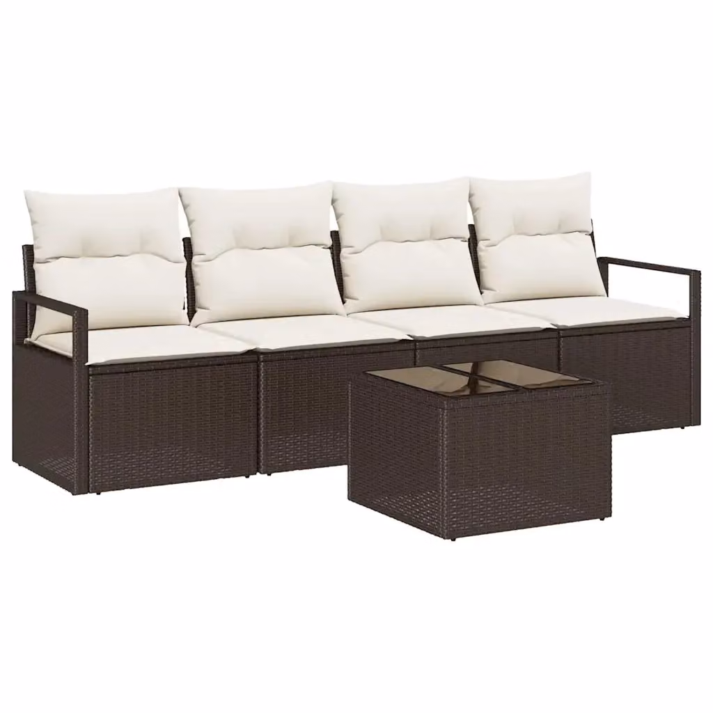 Set di divani da giardino vidaXL a forma di U composto da 5 pezzi con colore marrone e beige, include cuscini e tavolino in vetro con struttura in metallo e rattan resistente ai raggi UV – 2