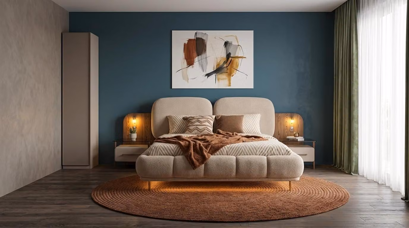 Bett con 2 comodini, mobiletto singolo, camera da letto, stile moderno, colore beige