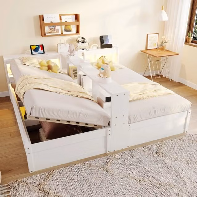 Letto multifunzionale ULEVR 90/180x200 cm con LED, prese integrate e contenitore idraulico, bianco