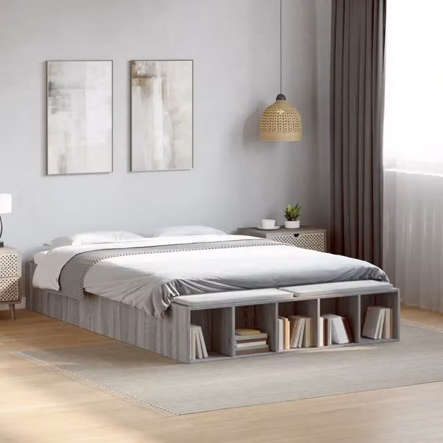 Letto con contenitore e scomparti laterali vidaXL in legno multistrato grigio L 140 cm x P 190 cm – 1
