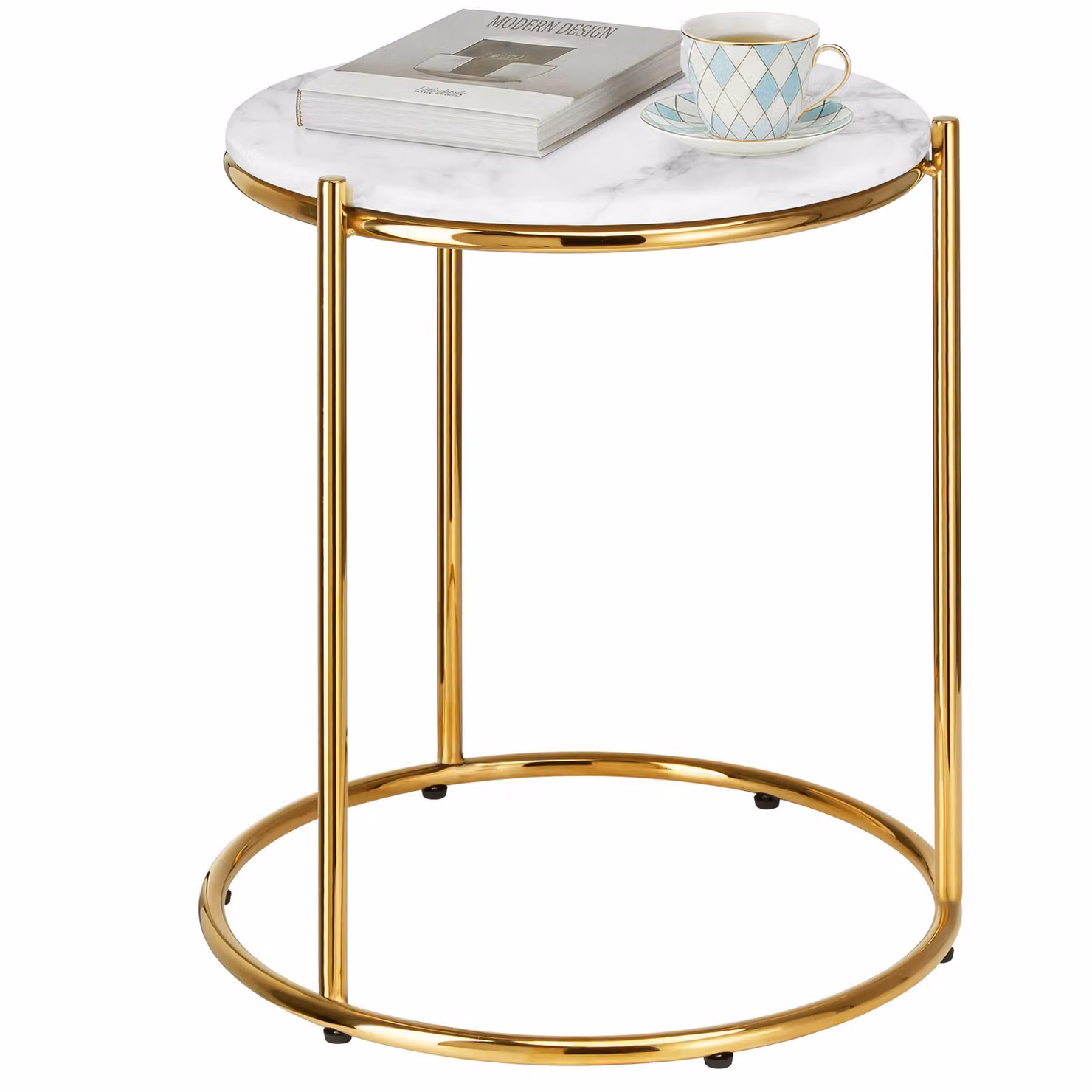 Tavolino rotondo Ellsa Tectake con piano effetto marmo bianco e telaio in acciaio oro – 1