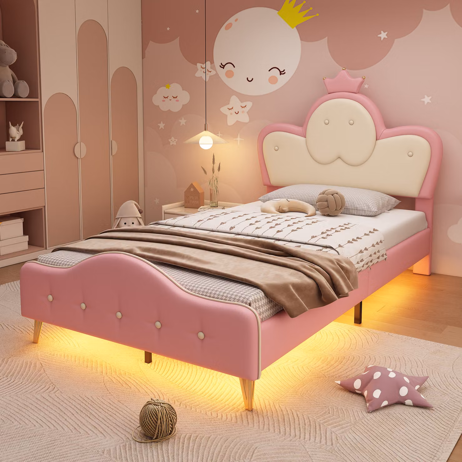 Flieks letto per bambini imbottito 90x200cm con LED, letto per ragazzi letto singolo con testiera a , letto classico letto in legno PU, rosa