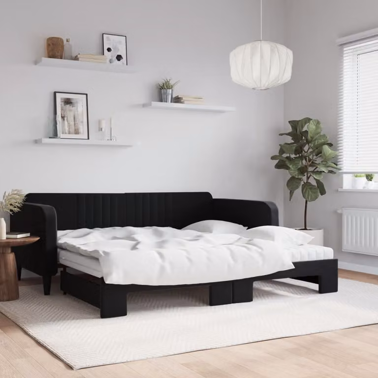 vidaXL Divano Letto Estraibile in Velluto Nero con Materassi