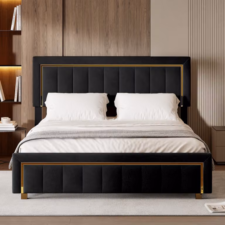 CDGlobal Letto matrimoniale idraulico Letto imbottito 140x200cm, Letto con rete a doghe in metallo, Velluto, Struttura letto moderna con vano contenitore, Ampio vano contenitore, Nero